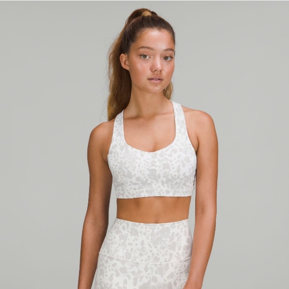 Lululemon free to be serene strappy sports bra, white leopard pattern